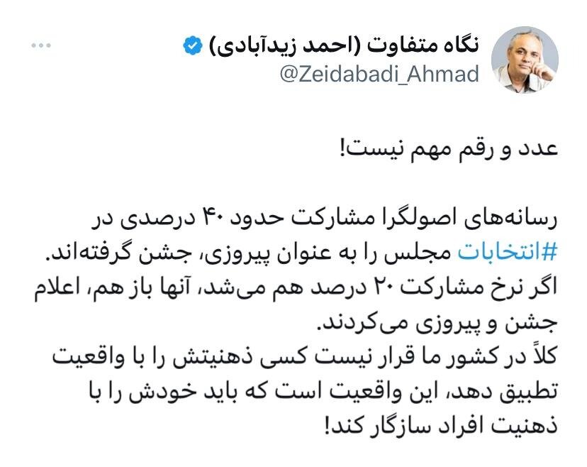 کنایه تند زیدآبادی به اصولگرایان /اگر نرخ مشارکت ۲۰ درصد هم میشد، باز هم اعلام جشن و پیروزی میکردند