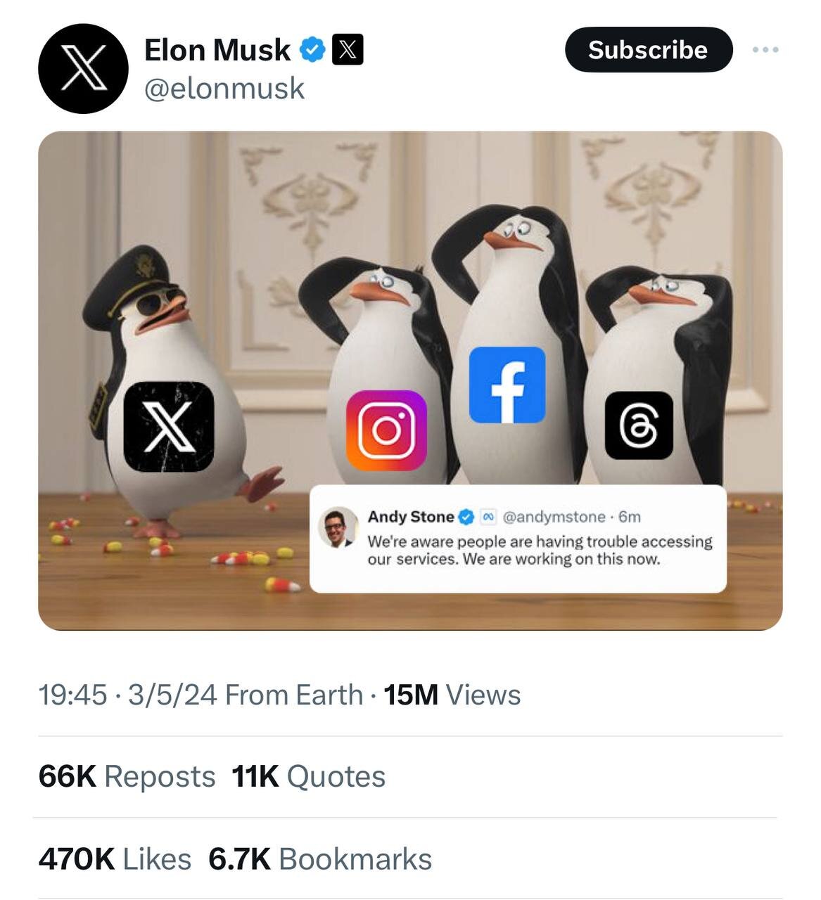 توییت بامزه ایلان ماسک طی اختلال در اینستاگرام/ عکس