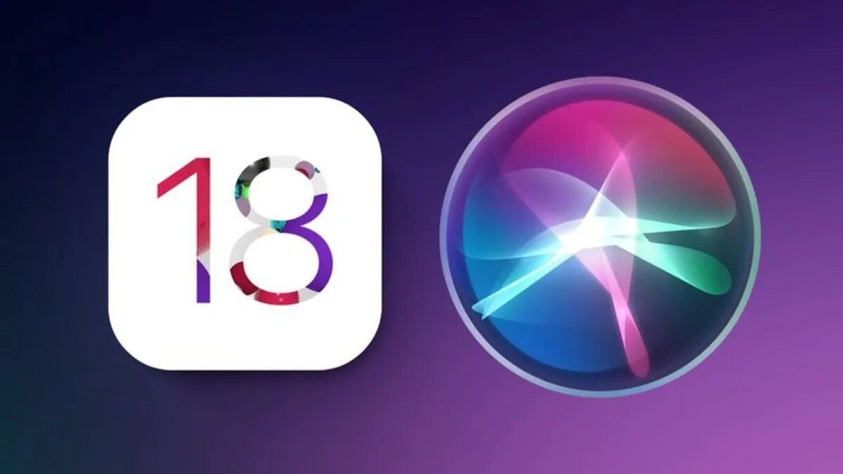 لوگوی iOS 18 در کنار لوگوی سیری در پس زمینه‌ی بنفش