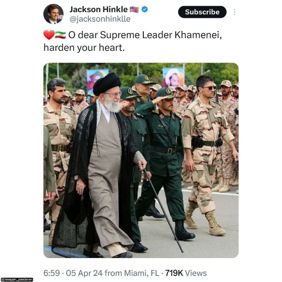 عکس | توئیت اینفلوئنسر معروف آمریکایی: خامنه‌ای رهبر عزیز، رحم نکن...