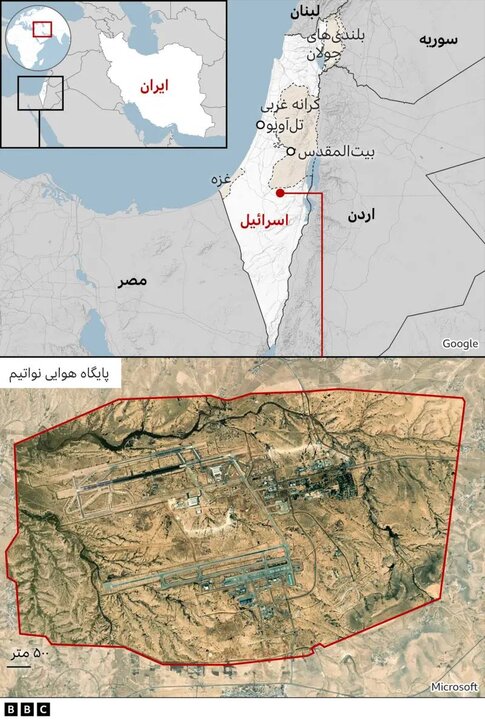 تصاویر بی‌بی‌سی فارسی که نشان می‌دهد پایگاه نواتیم اسرائیل در موشکباران ایران آسیب دیده است و عملیات سپاه یک عملیات موفق بوده است.