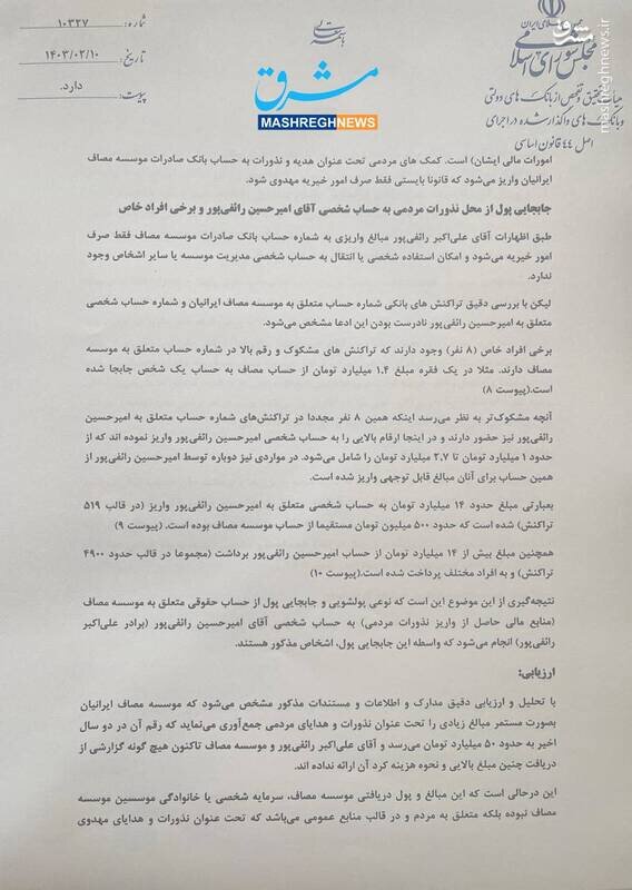 افشاگری مجلس از تراکنش مالی موسسه رائفی پور / برخی پولها به حساب خواهر و پدر رائفیپور واریز شده / سرنوشت نامشخص 8 میلیارد تومان برداشت نقدی 4