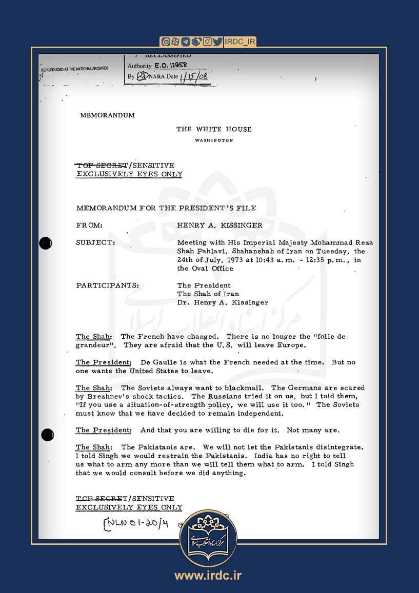 شاه: نمیفهمم چرا سعودیها به عرفات کمک میکنند؛ این کار رسما دیوانگی است / حضور آمریکا در خاورمیانه نزاع میان اعراب و اسرائیل را کاهش خواهد داد 2