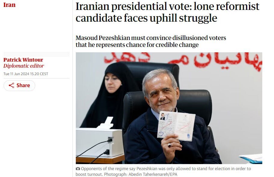 تیتر معنادار روزنامه انگلیسی درباره مسعود پزشکیان /بزرگترین شانس تنها کاندیدای اصلاح طلبان در انتخابات ۱۴۰۳