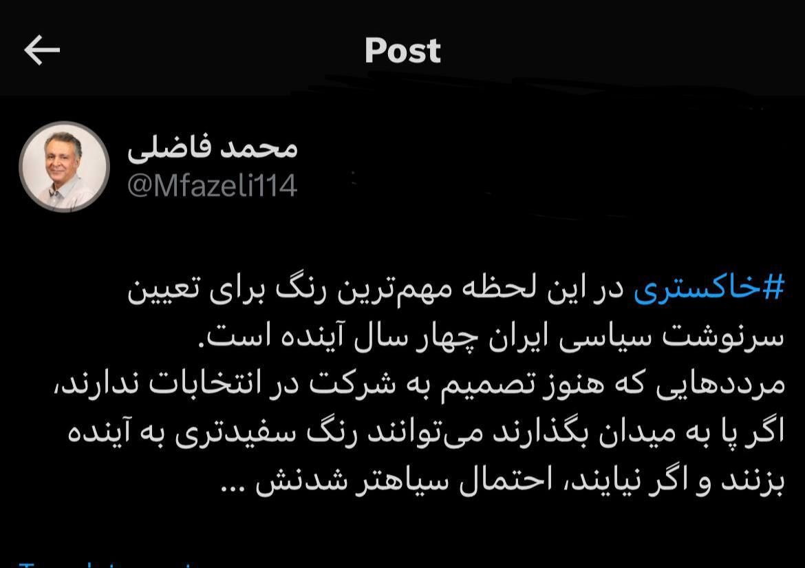 فاضلی: مرددهایی که هنوز تصمیم به شرکت در انتخابات ندارند، اگر پا به میدان بگذارند میتوانند رنگ سفیدتری به آینده بزنند