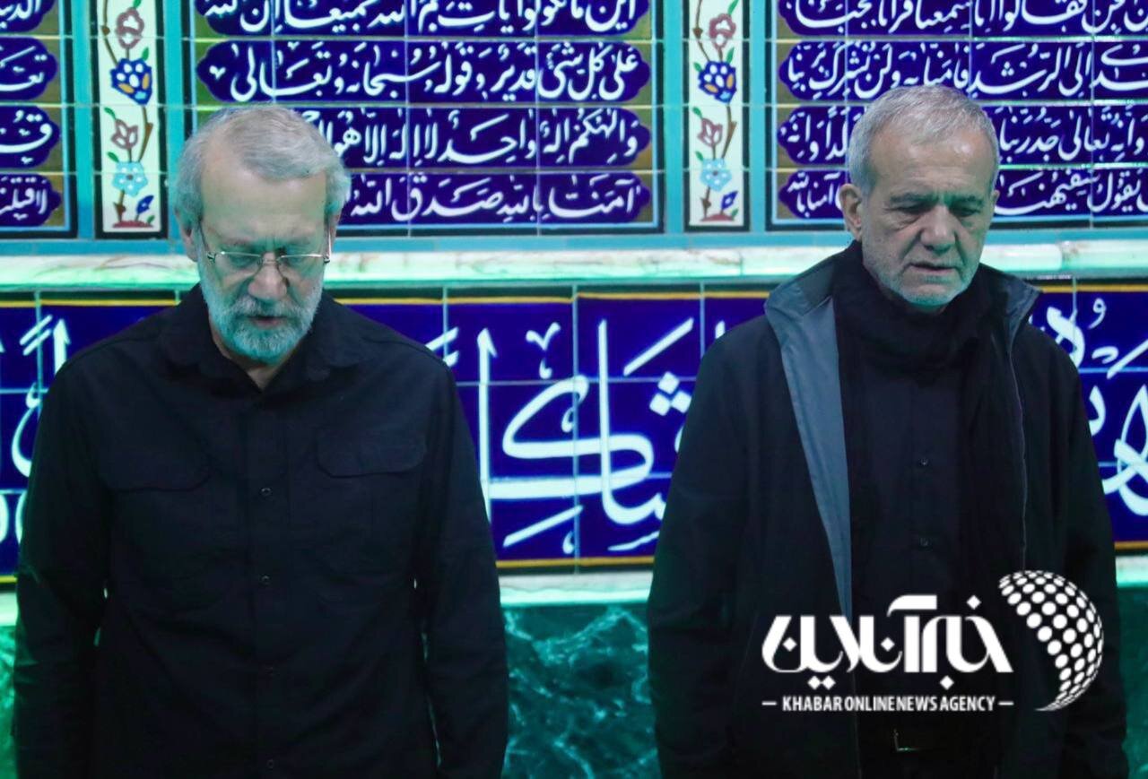 تصاویر | قابهایی جالب توجه از حضور پزشکیان و لاریجانی در هیئت ریحانه النبی در امامزاده صالح تجریش