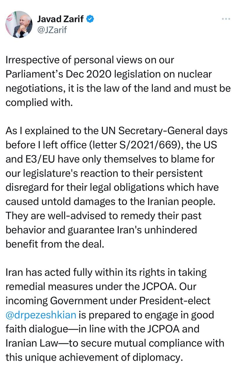 پیام مهم ظریف به اروپاییها درباره برجام: پزشکیان برای گفتوگوی با حسن نیت آماده است؛ اما با دو شرط