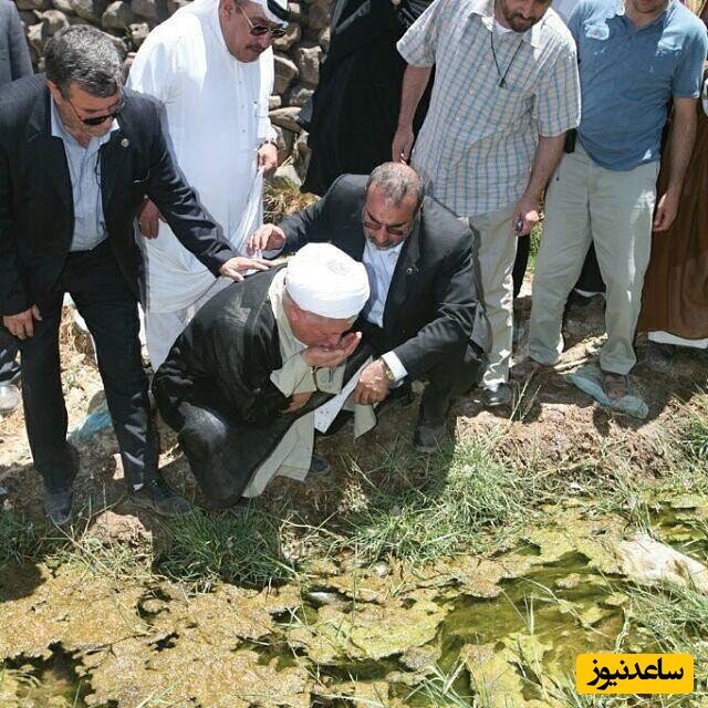 عکس | تصویری جالب از آب نوشیدن هاشمی رفسنجانی از چشمه باغ حضرت فاطمه در مدینه
