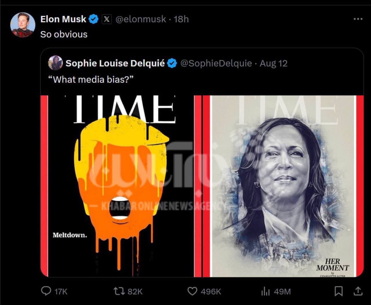 عکس | کنایه جنجالی ایلان ماسک به جهتگیری فاحش نشریه تایمز؛ ترامپ هیولا و هریس فرشته!