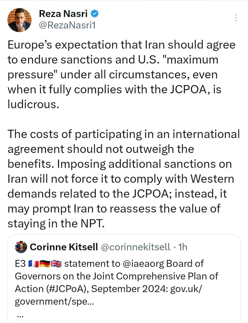 نصری: انتظار اروپا از ایران مضحک است/ تهران ممکن است ارزش ماندن در انپیتی را دوباره ارزیابی کند