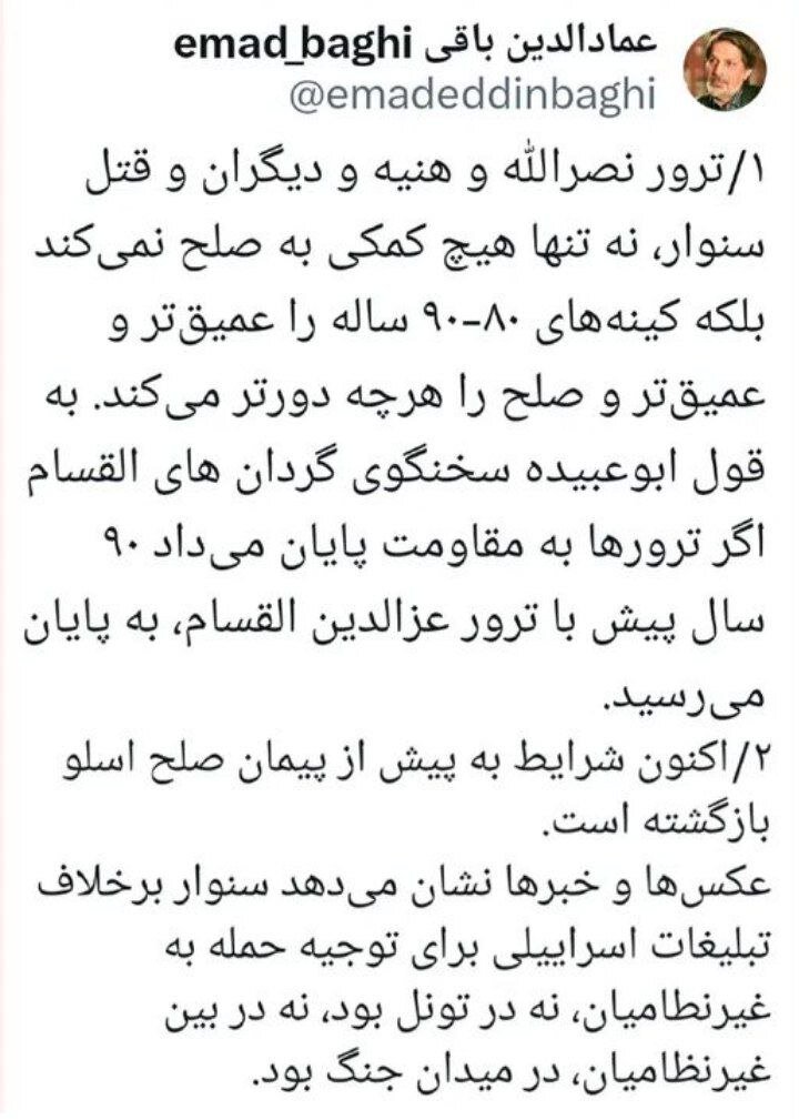 عمادالدین باقی: یحیی السنوار نه در تونل بود، نه در بین غیرنظامیان، در میدان جنگ بود /این ترورها و قتل ها هیچ کمکی به صلح نمیکند