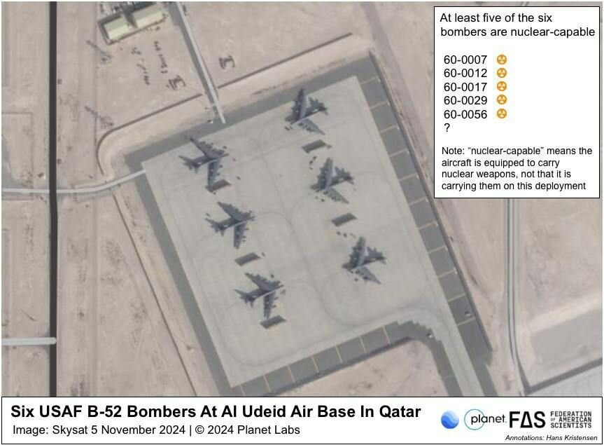 عکس | اولین تصویر از استقرار ۶ فروند هواپیمای بمب افکن غول پیکر B-52 آمریکا در پایگاه العدید قطر