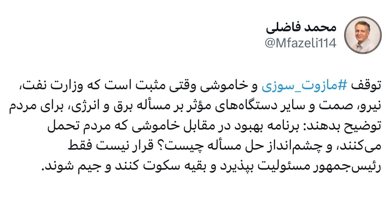 توئیت معنادار محمد فاضلی/ قرار نیست فقط رئیسجمهور مسئولیت بپذیرد و بقیه جیم شوند!