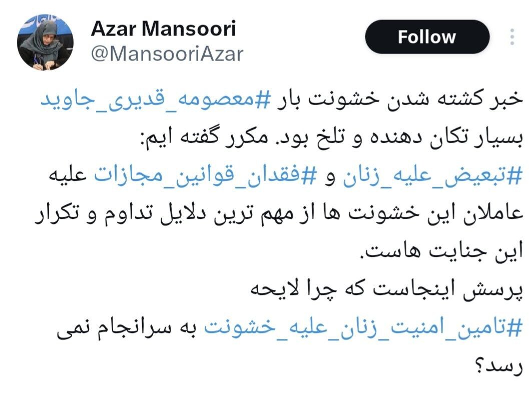 واکنش آذر منصوری به قتل خبرنگار زن در تهران/ پرسش اینجاست که چرا لایحه امنیت تامین زنان علیه خشونت به سرانجام نمیرسد؟