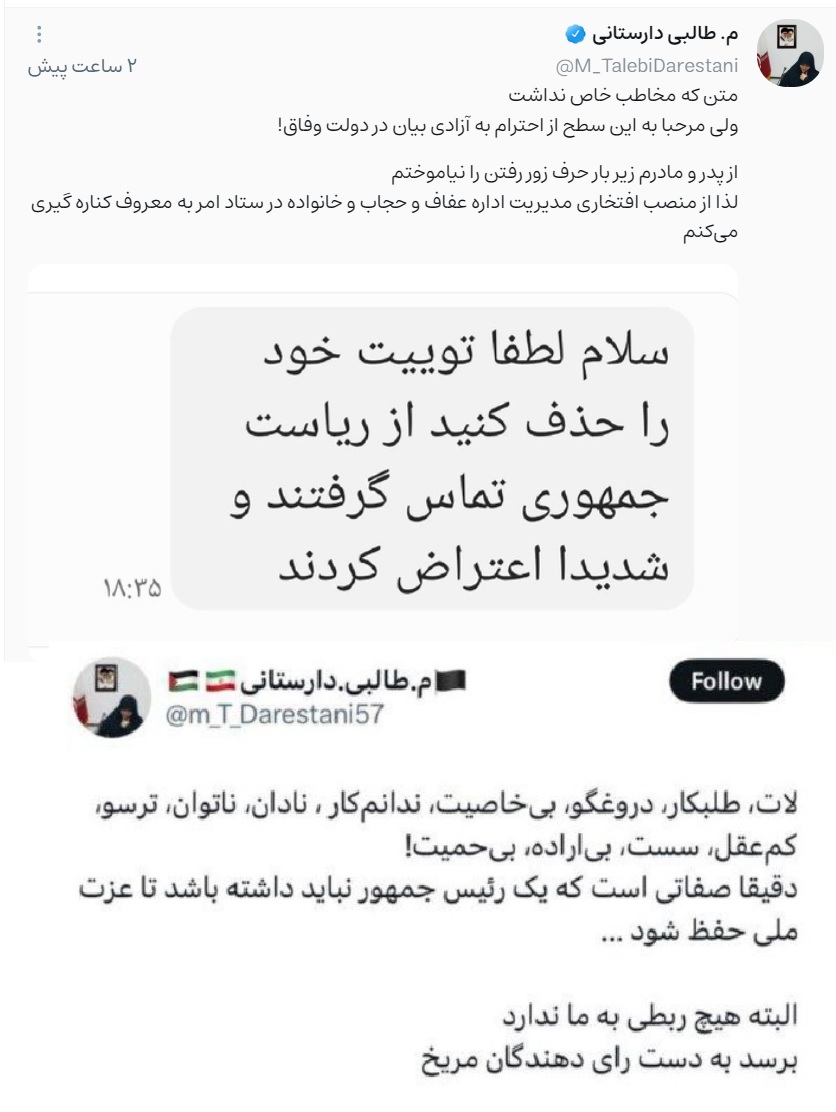 واکنش مهری طالبی دارستانی به توهین‌هایش علیه پزشکیان؛ مرحبا به این سطح از احترام به آزادی بیان در دولت وفاق!/ از «منصب افتخاری‌ام کناره‌گیری» می‌کنم