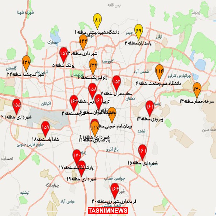 آخرین دقایق روز جمعه؛ هوای اکثر مناطق تهران در وضعیت قرمز/ عکس