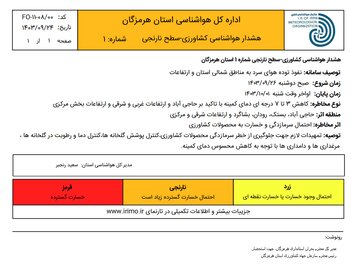 هشدار هواشناسی سطح نارنجی در هرمزگان صادر شد