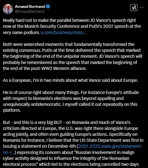 برتران:شرم نمیکنم که بگویم سخنرانی ۲۰۰۷ پوتین را به سخنرانی ونس ترجیح میدهم/آیا اکنون جنگ در اروپا یکی از اهداف استراتژیک آمریکا نیست؟