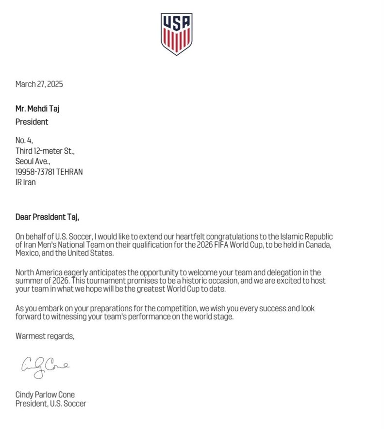 پیام مهم فدراسیون فوتبال آمریکا به تاج؛ مشتاقانه در انتظار میزبانی از ایران هستیم