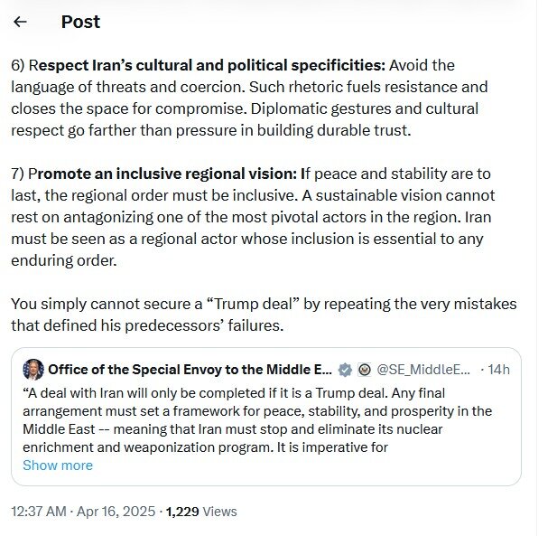 در پاسخ به ویتکاف:به ایران احترام بگذارید/موضعگیری خود را بر اساس واقعیتها بنا کنید،نه افسانهها!