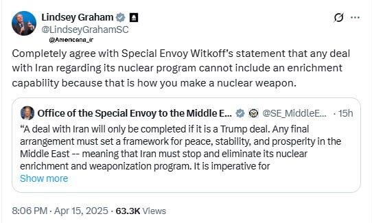 واکنش لیندسی گراهام به اظهارات ویتکاف درباره ایران