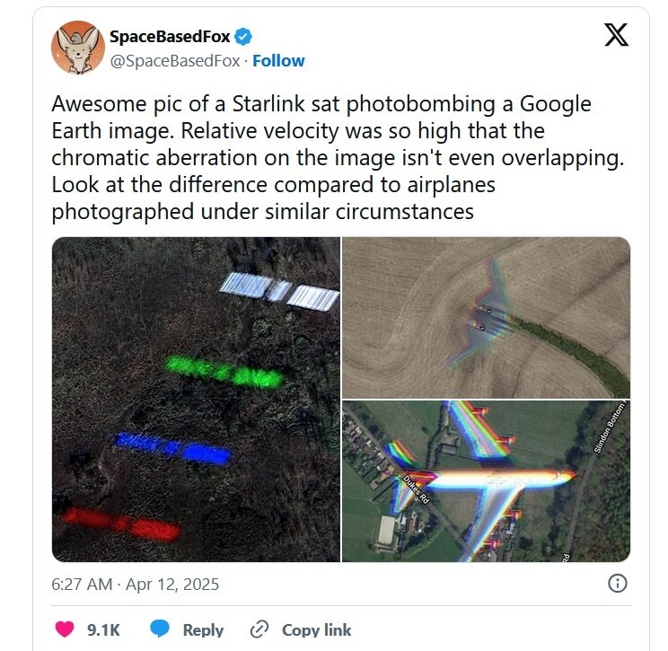 عبور مرموز ماهواره استارلینک با رد رنگی در تصویر «گوگلمپس»!