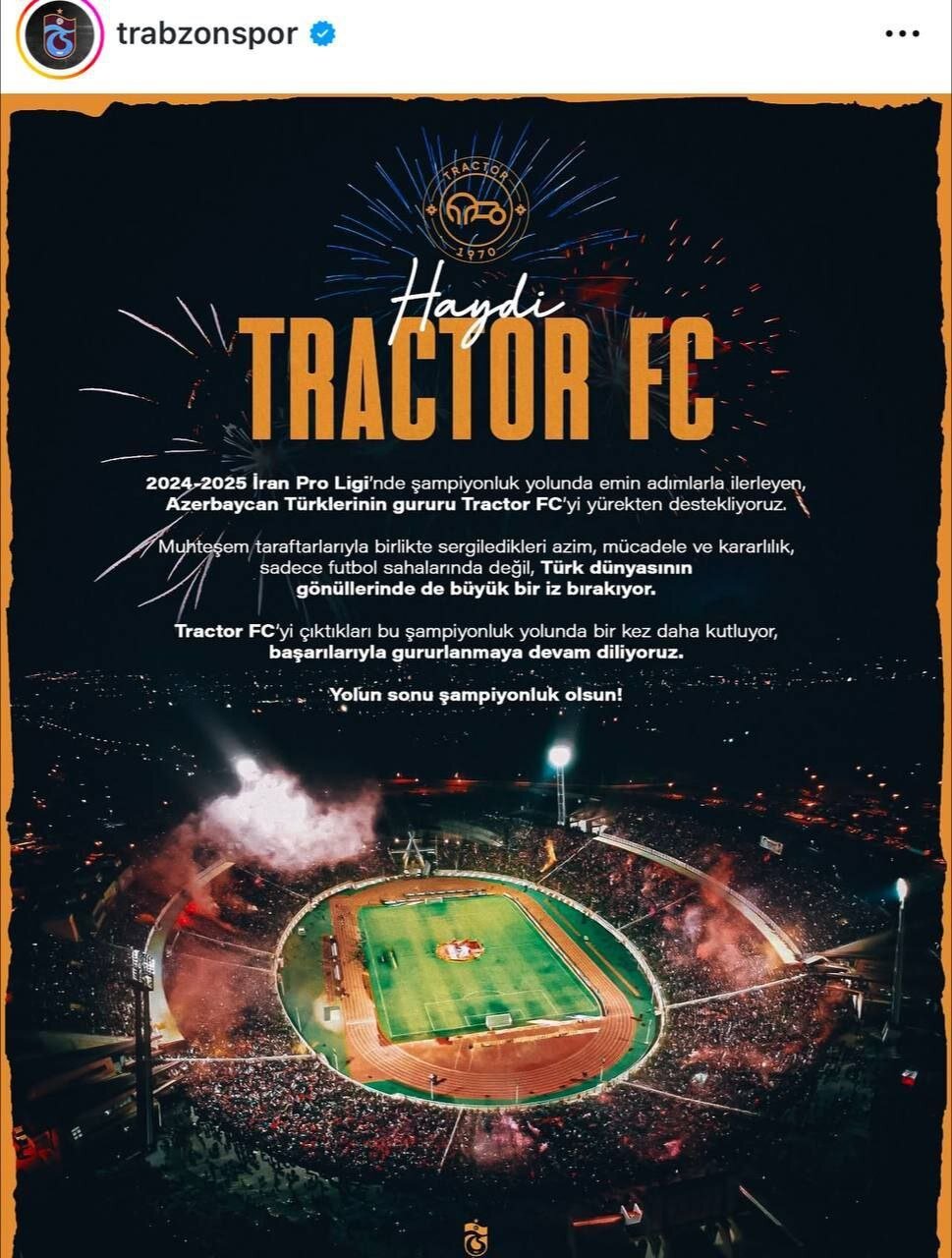عکس | اولین پیام تبریک برای قهرمانی تراکتور از خارج از ایران صادر شد