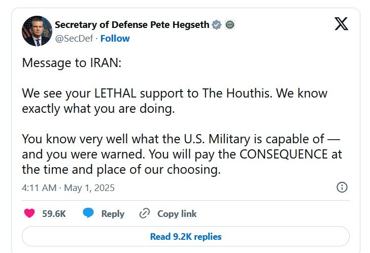 هگست ایران را تهدید کرد؛تاوان حمایت از حوثیها را خواهید پرداخت