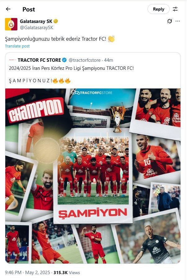 عکس| تبریک باشگاه گالاتاسرای ترکیه بابت قهرمانی تراکتور