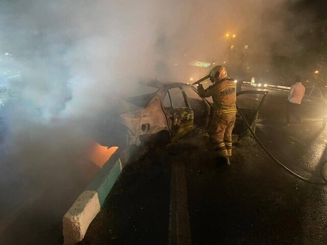 حریق خودروی سمند در این بزرگراه تهران/ عکس