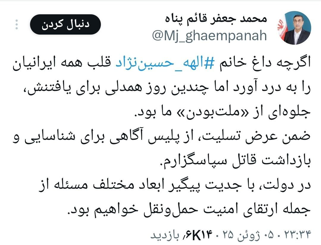 پیام تسلیت معاون رئیس‌جمهور برای درگذشت الهه حسین نژاد/ در دولت با جدیت پیگیر ارتقای امنیت حمل‌ونقل خواهیم بود