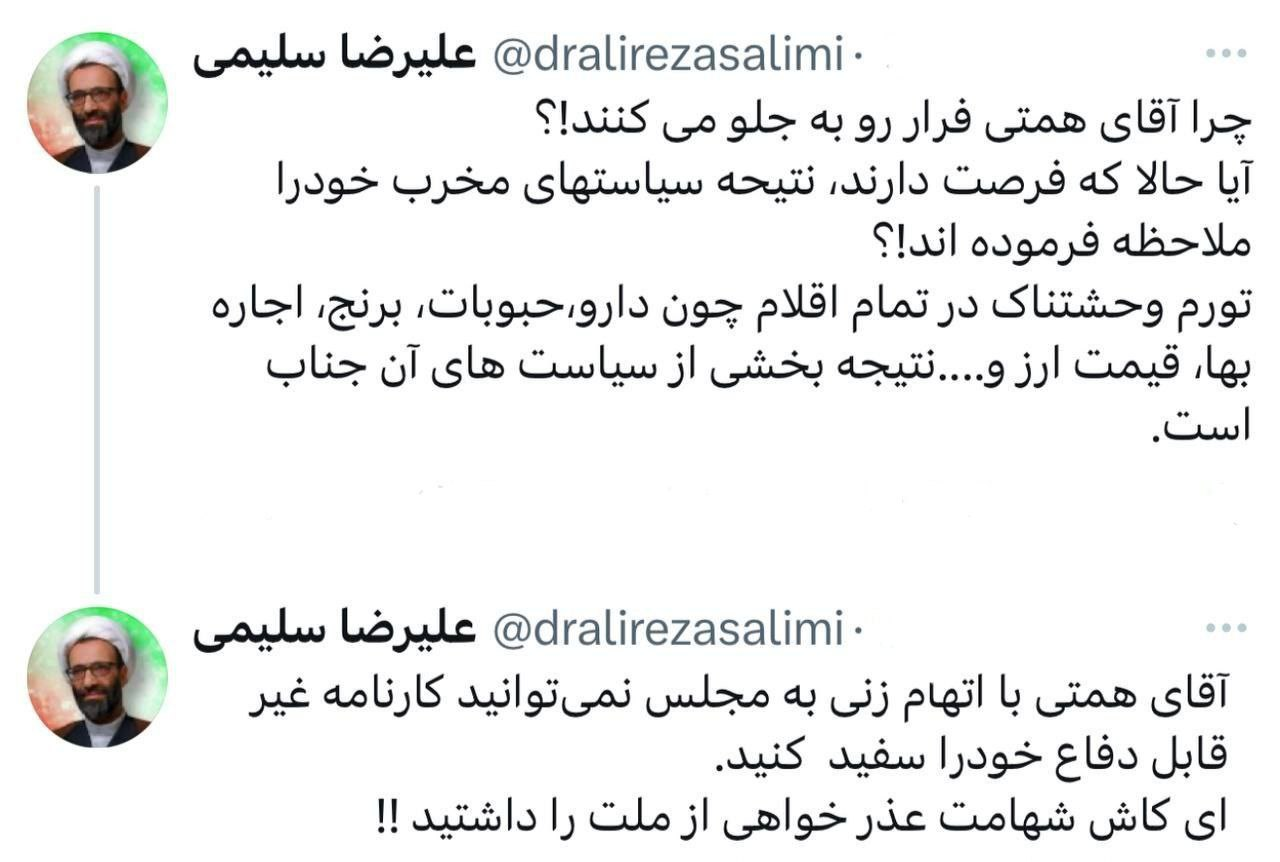 یک نماینده مجلس خطاب به همتی: با اتهامزنی نمیتوانید کارنامه غیرقابل دفاع خود را سفید کنید