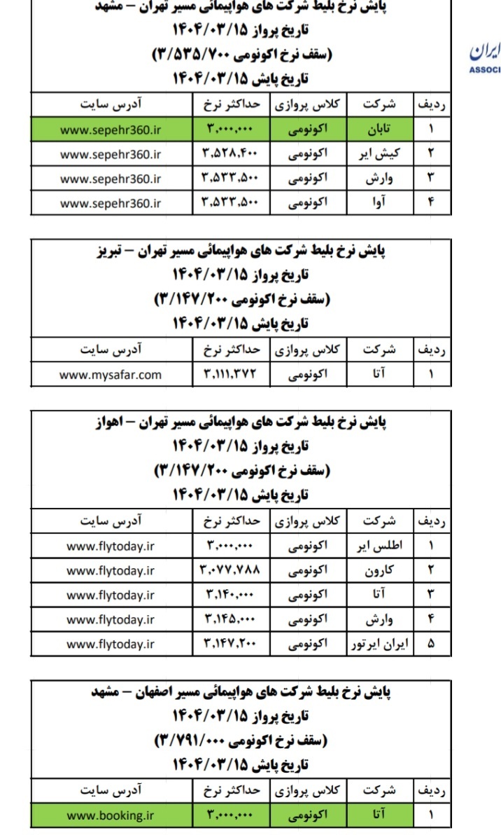 بلیت هواپیما در مسیر تهران – مشهد ۳میلیون تومان + عکس