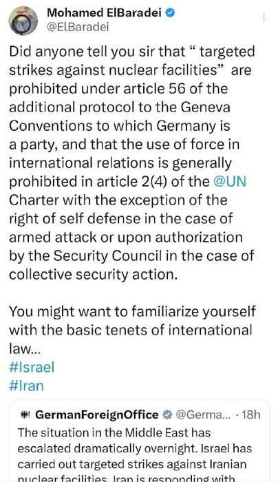 البرادعی درباره حمله اسرائیل خطاب به آلمان:شاید بد نباشد با اصول پایهای حقوق بینالملل کمی بیشتر آشنا شوید…