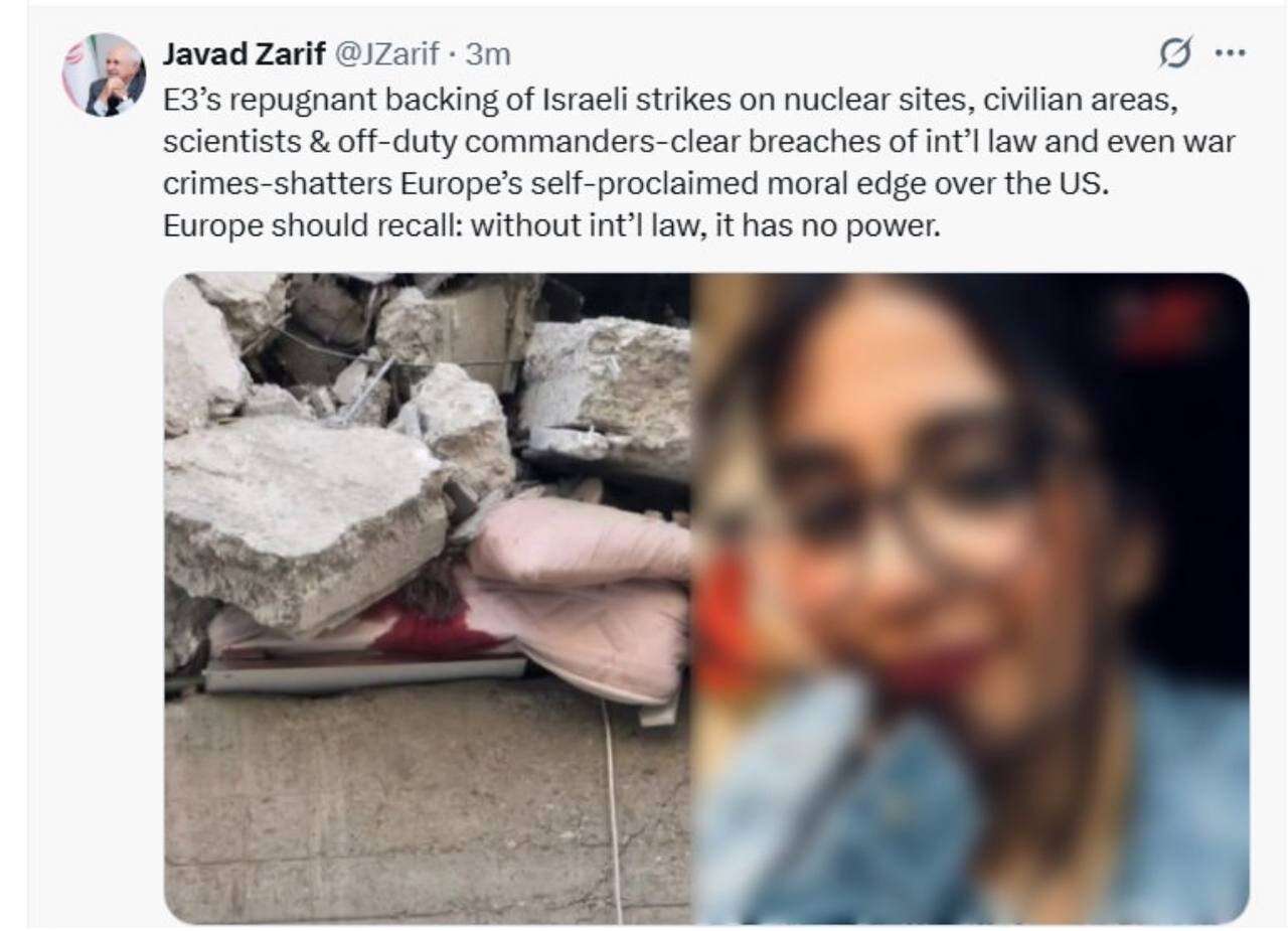 ظریف با انتشار این تصویر نوشت: حمایت تروئیکای اروپایی از اسرائیل مشمئز کننده است