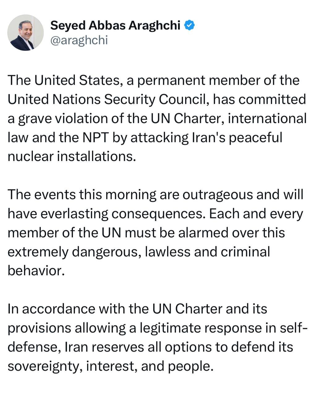 پیام عراقچی در پی حمله آمریکا؛ ایران تمامی گزینهها را برای دفاع از حاکمیت، منافع و مردم خود محفوظ میدارد