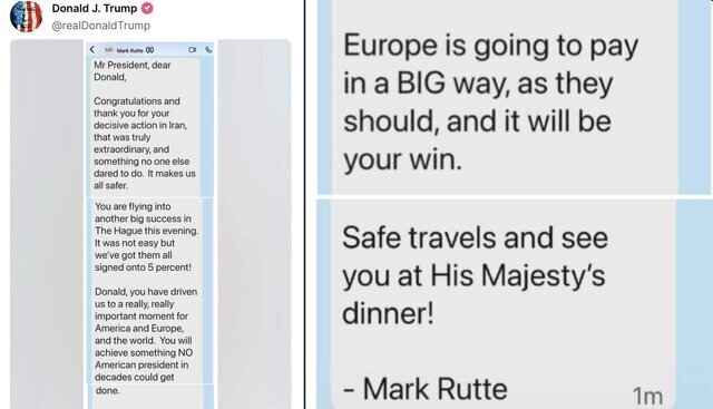 ترامپ تصویر پیامکهای شخصی دبیرکل ناتو به خودش را درباره ایران منتشر کرد/عکس