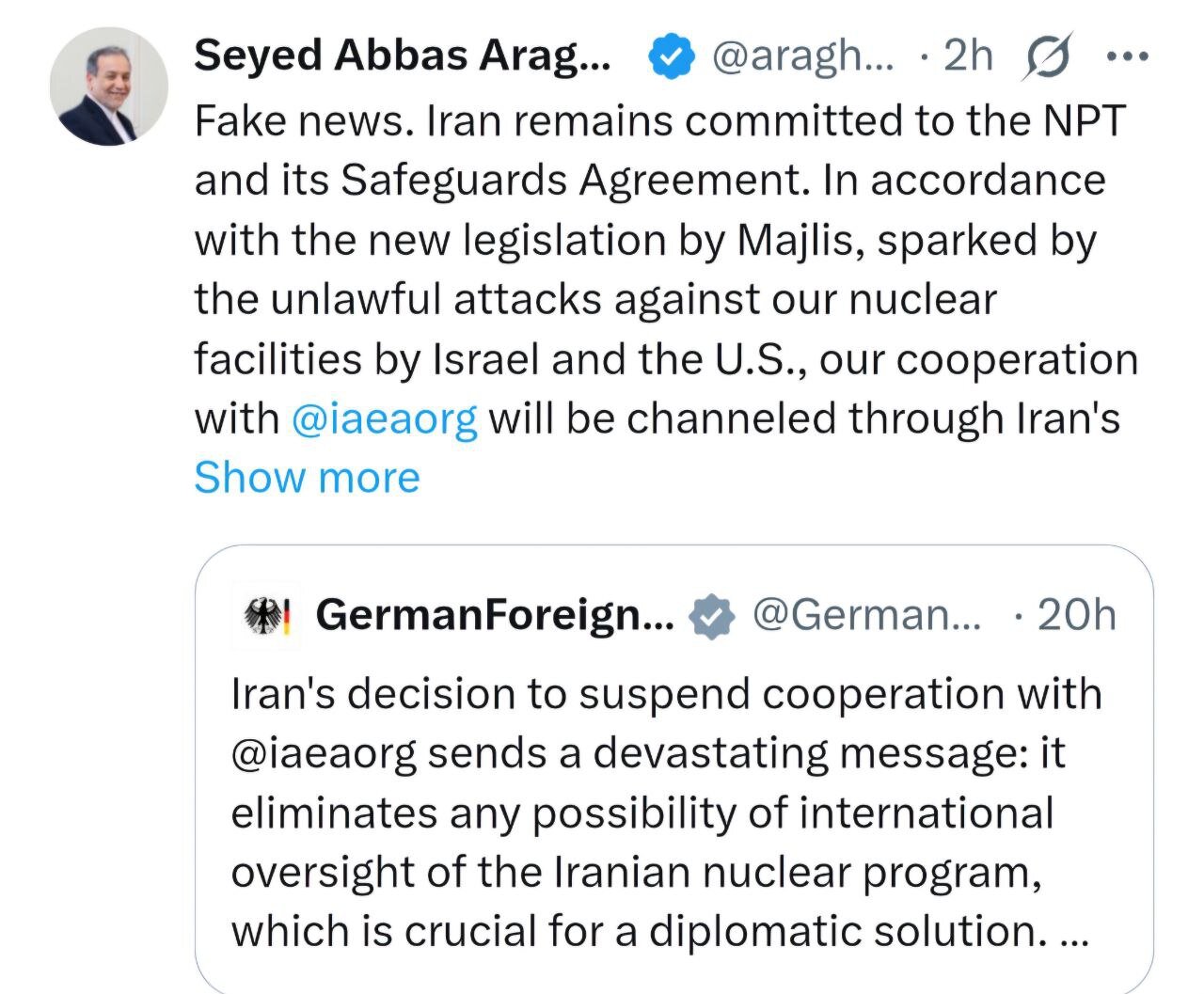 عراقچی:ایران همچنان به معاهده عدم اشاعه و توافقنامه پادمان پایبند است