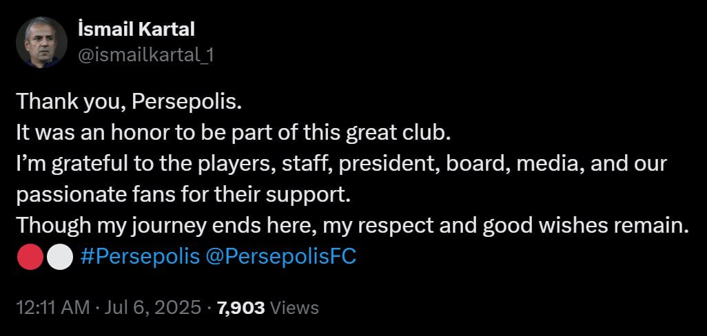عکس| پیام خداحافظی کارتال از پرسپولیس