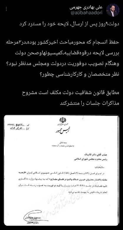 عصبانیت سخنگوی دولت سیزدهم از پزشکیان / چرا استرداد لایحه فضای مجازی بهادری جهرمی را ناراحت کرده است؟