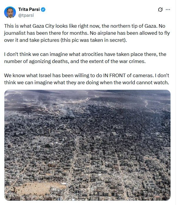 تریتا پارسی یک تصویر آخرالزمانی منتشر کرد و نوشت: وقتی دنیا نمیتواند تماشا کند،آنها چه میکنند؟/عکس