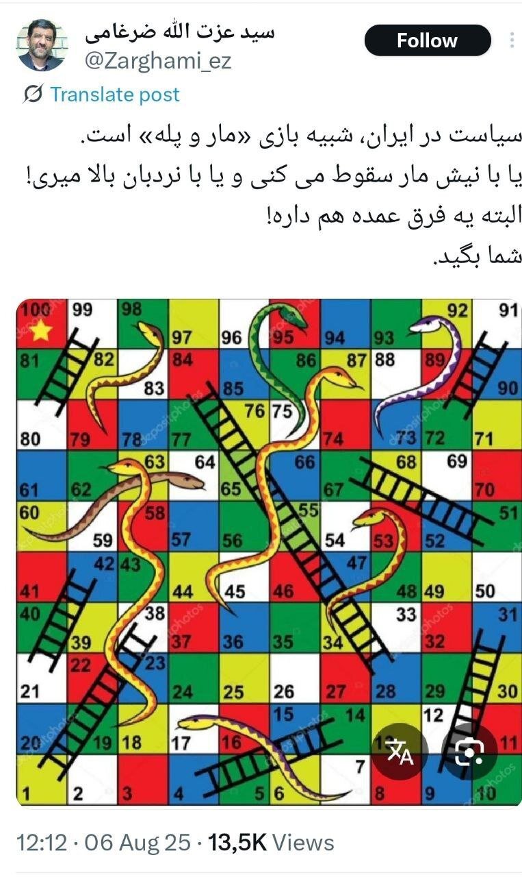 تشبیه عجیب ضرغامی از سیاست در ایران به بازی «مار و پله»؛ یا با نیش مار سقوط می کنی و یا با نردبان بالا میری! 2