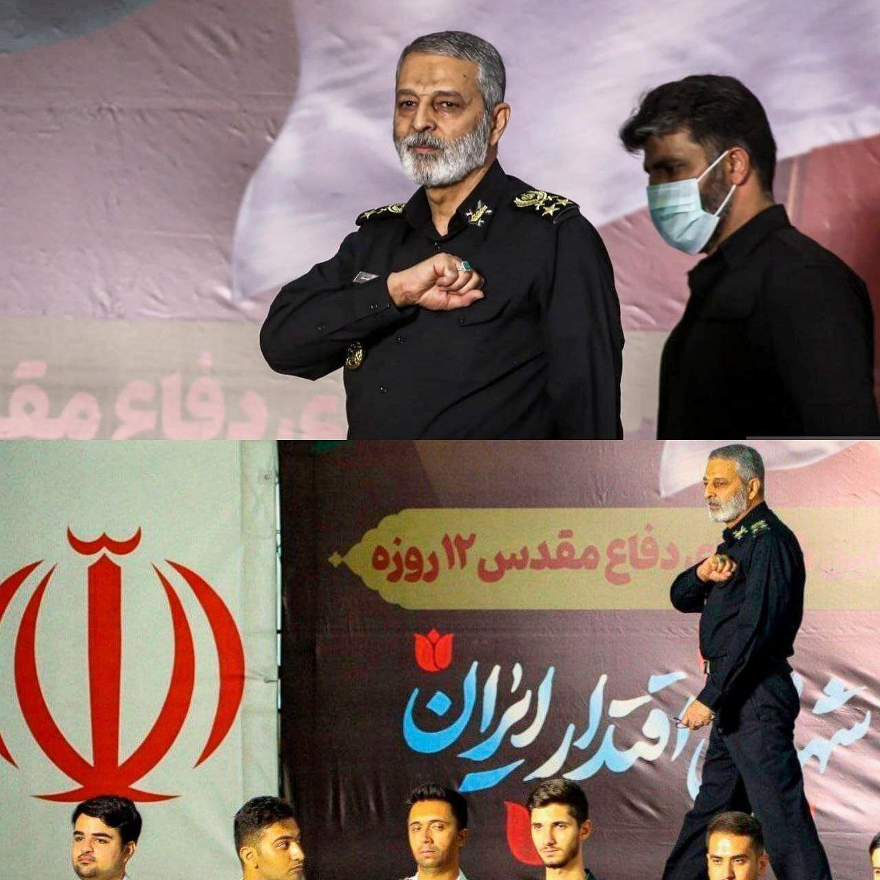 تصویری خاص از ادای احترام سرلشکر موسوی به حاضران در مراسم چهلم شهدای حمله اسرائیل / مشت بر روی قلب 2