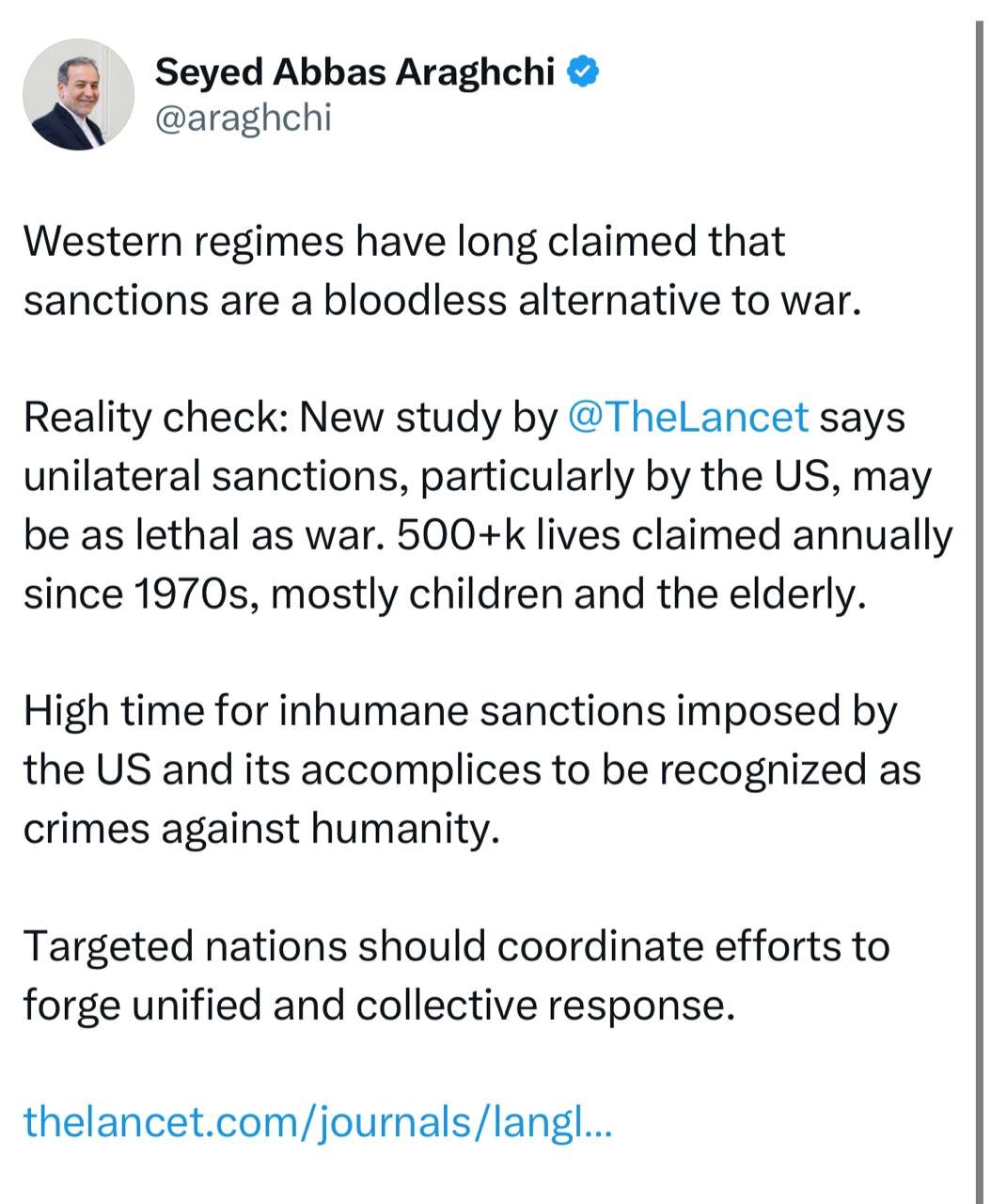 عراقچی:وقت آنست که تحریمها بهعنوان جنایت علیه بشریت شناخته شوند؛اما واقعیت چیست؟ /عکس