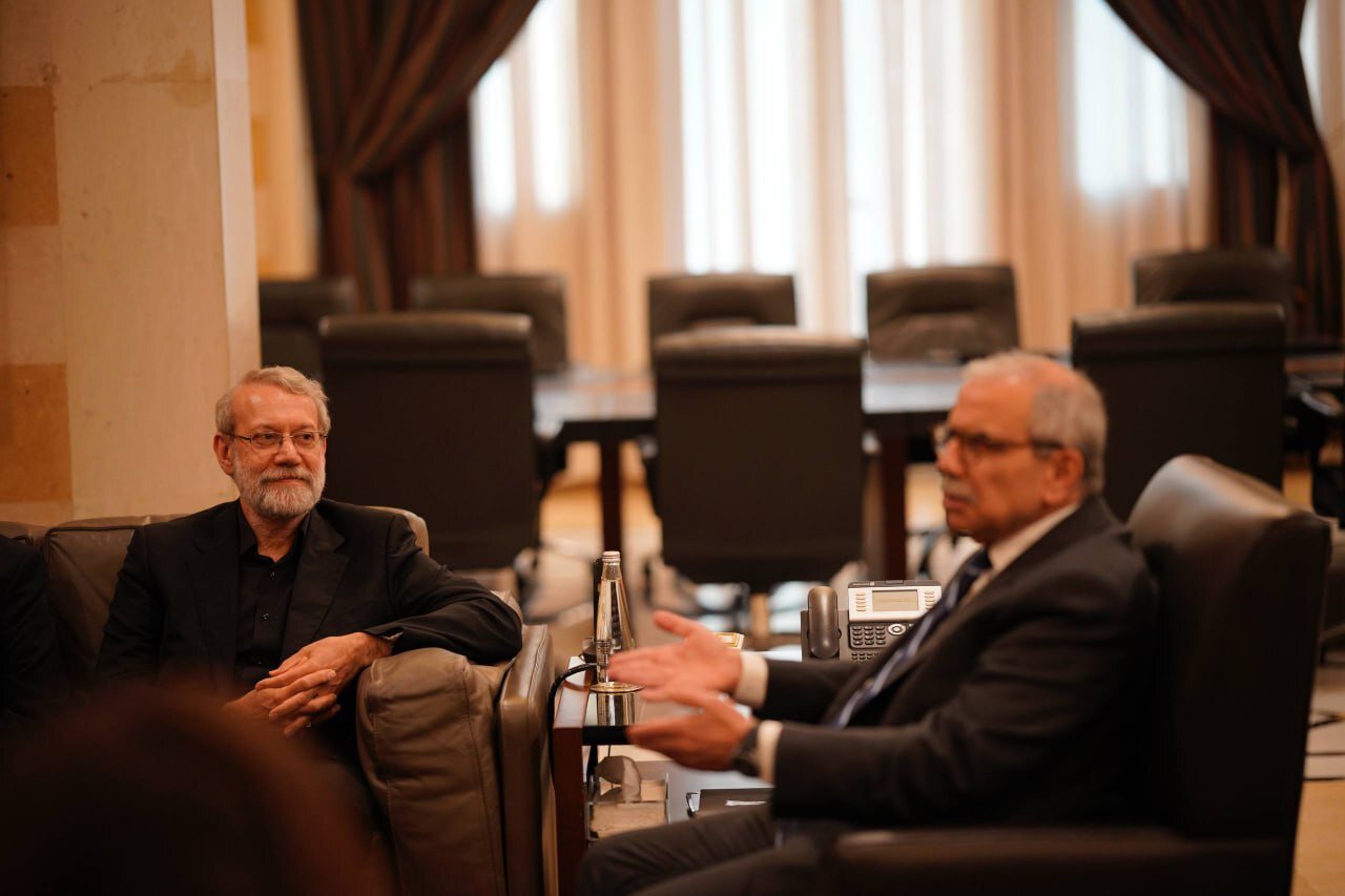 تصاویر دیدار لاریجانی با نخست وزیر لبنان/ اخم نواف سلام و لبخند لاریجانی سوژه رسانه ها شد + عکس