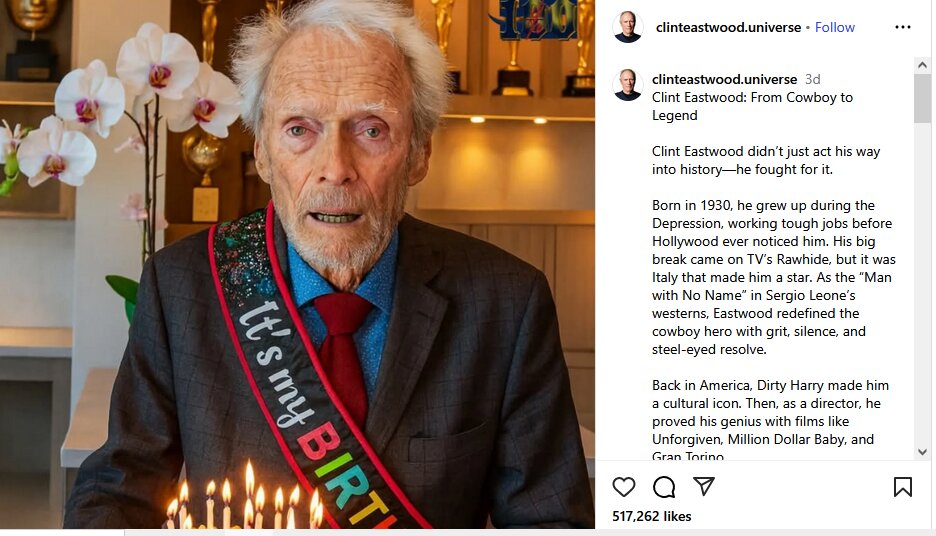 جدیدترین عکس کلینت ایستوود در ٩۵ سالگی