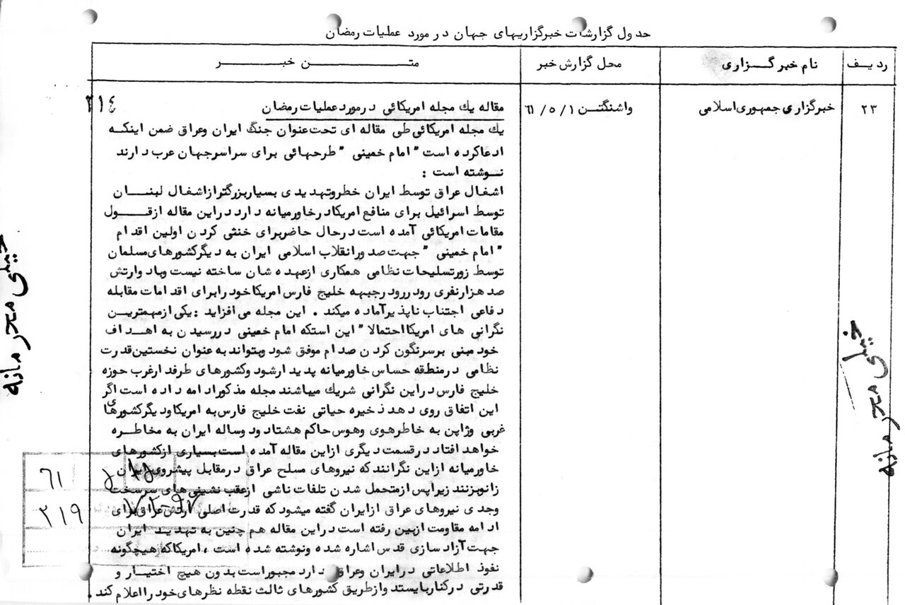 گزارش روزنامه آمریکایی هم زمان با عملیات رمضان در سال 61؛ آمریکا هیچ نفوذ اطلاعاتی در ایران و عراق ندارد / امام طرحهایی برای سراسر جهان عرب دارند 2