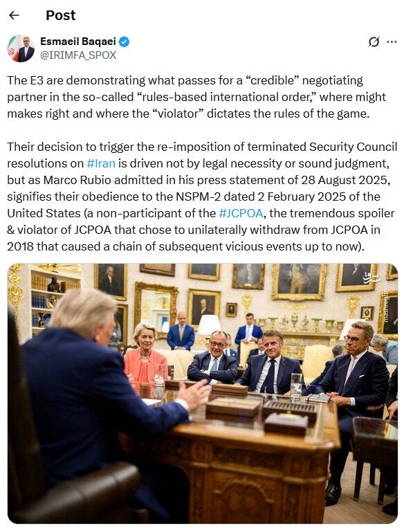 بقایی:روند بازگشت تحریمها از سوی تروئیکای اروپا نه ناشی از الزام حقوقی است و نه بر مبنای ارزیابی منطقی، همانطور که روبیو اعتراف کرد