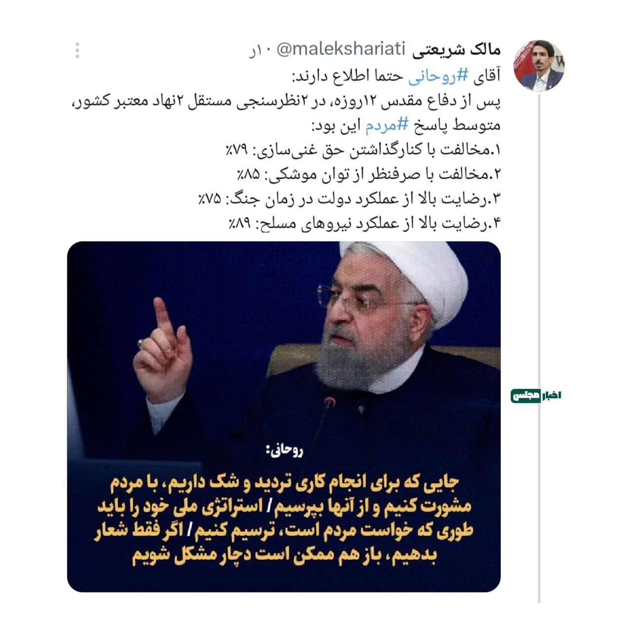 آمارهای انتقادی نماینده نزدیک به زاکانی خطاب به حسن روحانی؛ ۷۹ درصد مردم مخالف کنار گذاشتن حق غنی سازی هستند + تصویر