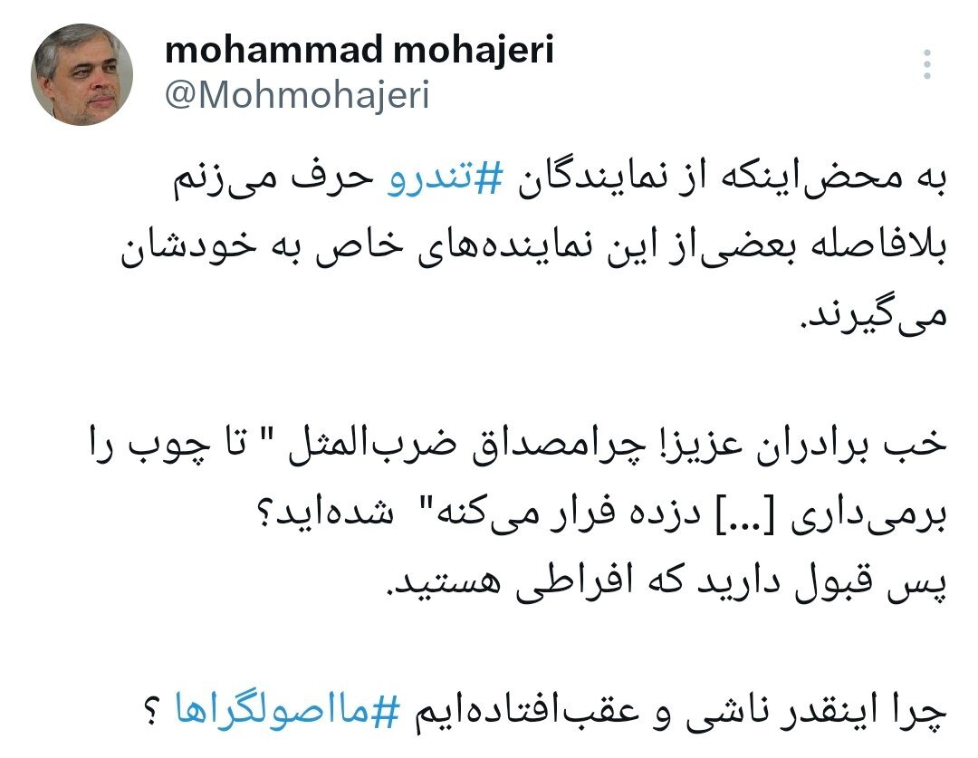مهاجری: تا صحبت از نمایندگان تندرو می کنم بعضی به خودشان می گیرند / مصداق تا چوب را برمی داری شدید / چرا اینقدر ناشی و عقب افتاده ایم ما اصولگراها؟ 2